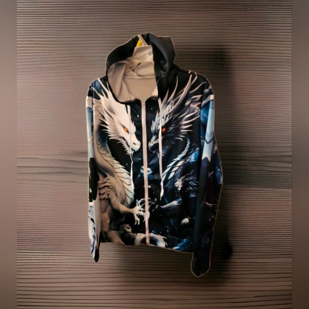 Mens Dragon Sweatshirt Full Zip up Hoodie, Long Sleeve Fairy Animal Thin Hoodie